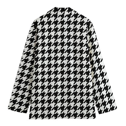 Black And White Houndstooth Print Women's Cotton Blazer