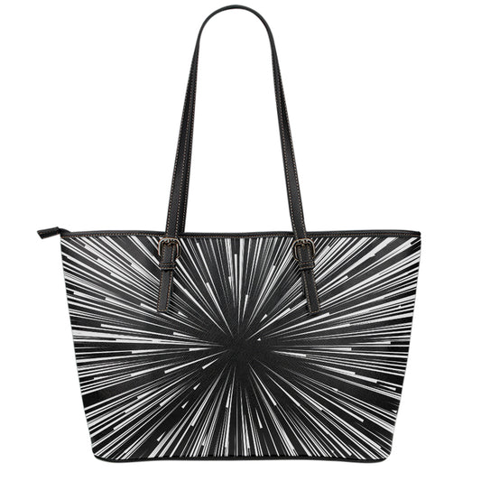 Black And White Hyperspace Print Leather Tote Bag