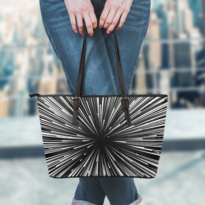 Black And White Hyperspace Print Leather Tote Bag