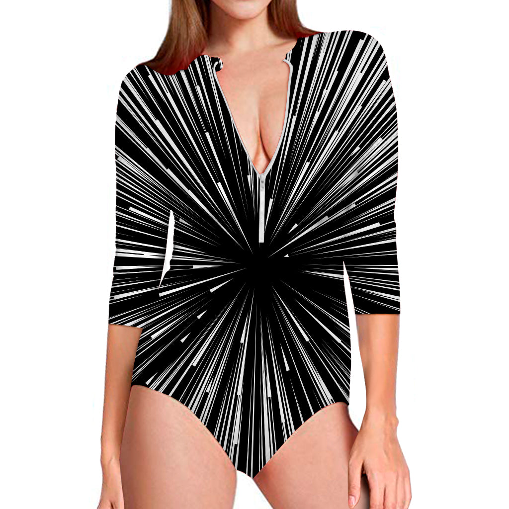 Black And White Hyperspace Print Long Sleeve Swimsuit