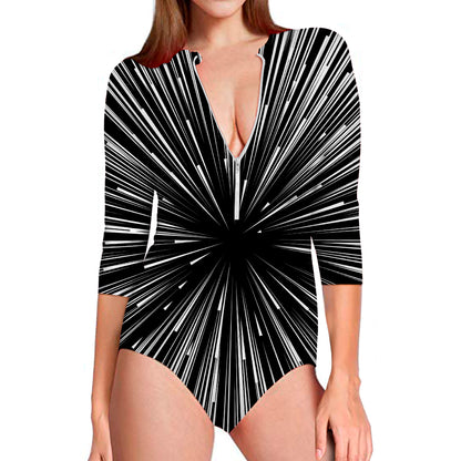 Black And White Hyperspace Print Long Sleeve Swimsuit