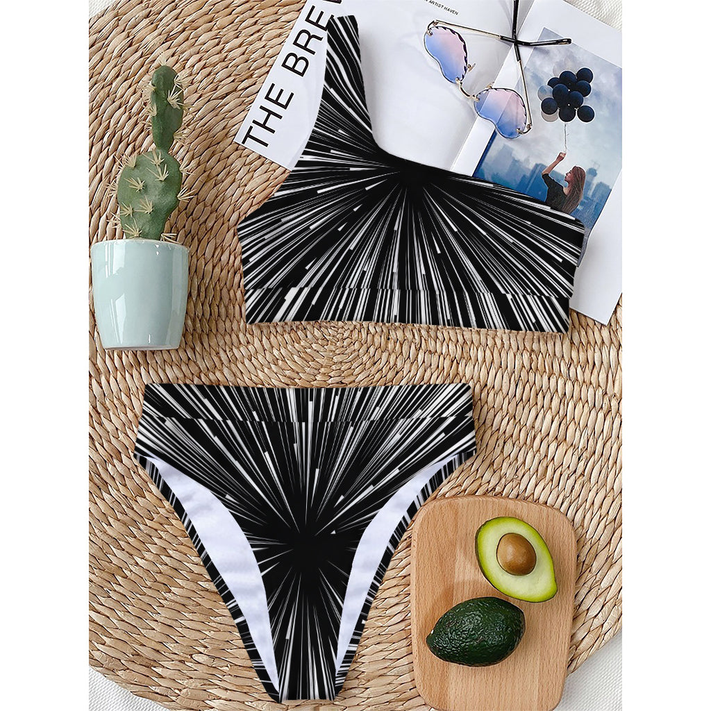Black And White Hyperspace Print One Shoulder Bikini Top