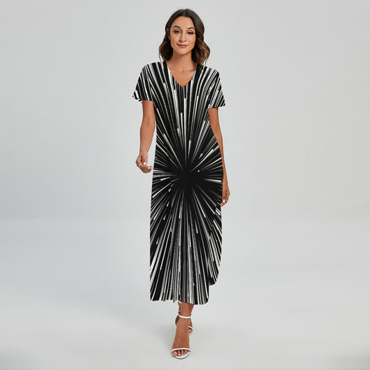 Black And White Hyperspace Print Short Sleeve Maxi Dress