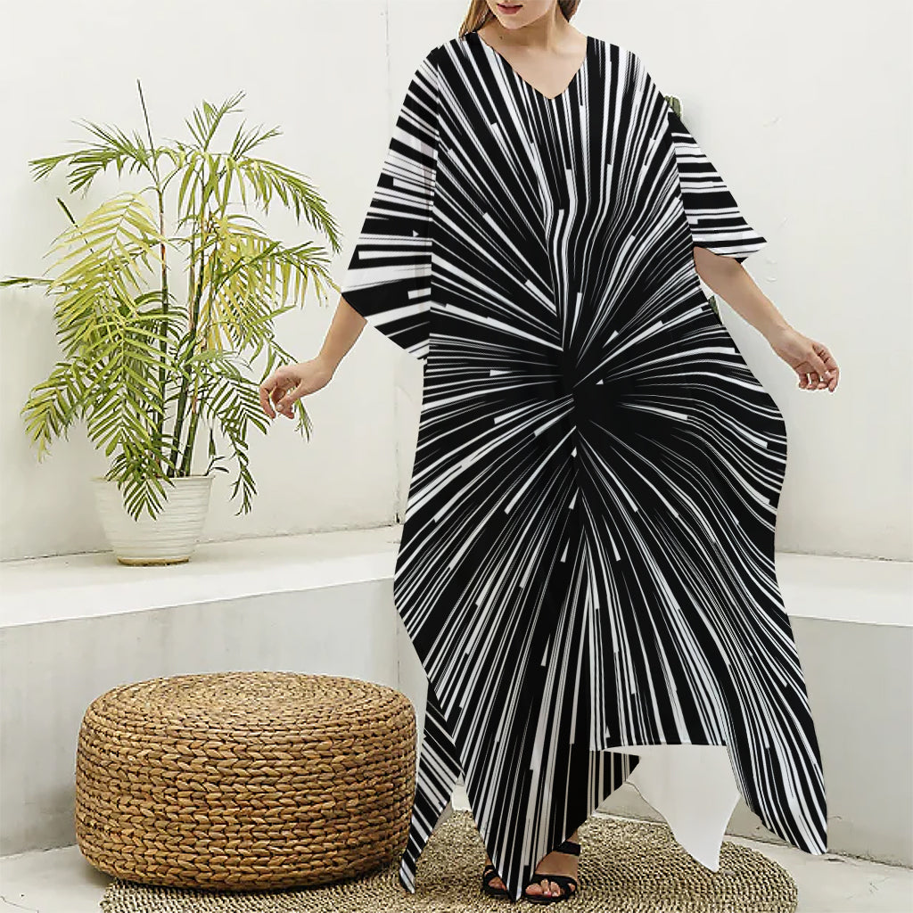 Black And White Hyperspace Print Silk V-Neck Kaftan Dress