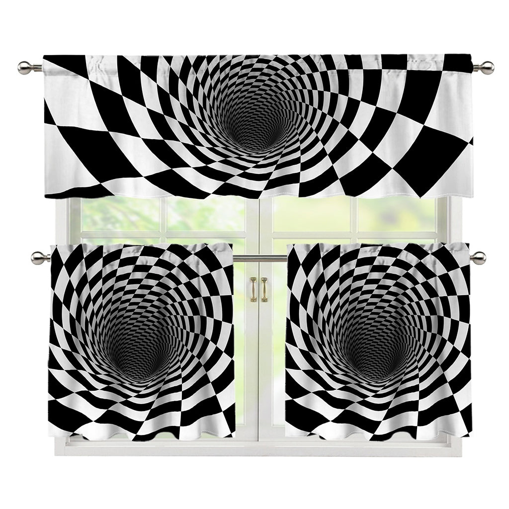 Black And White Hypnotic Illusion Print 3 Piece Kitchen Curtains