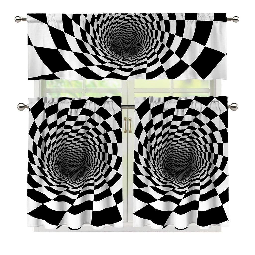 Black And White Hypnotic Illusion Print 3 Piece Kitchen Curtains