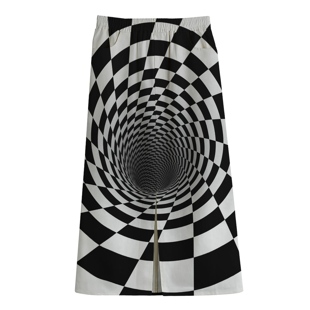 Black And White Hypnotic Illusion Print Cotton Front Slit Maxi Skirt