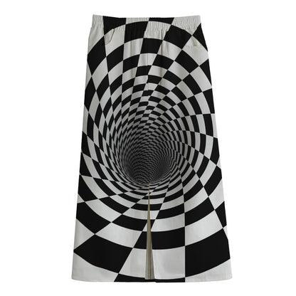Black And White Hypnotic Illusion Print Cotton Front Slit Maxi Skirt