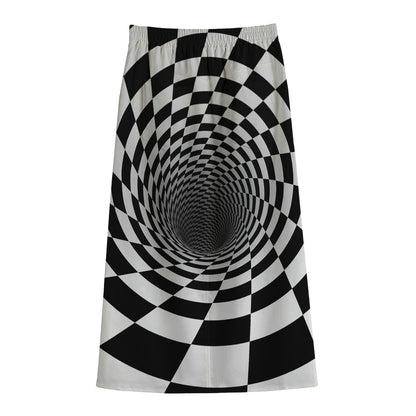 Black And White Hypnotic Illusion Print Cotton Front Slit Maxi Skirt