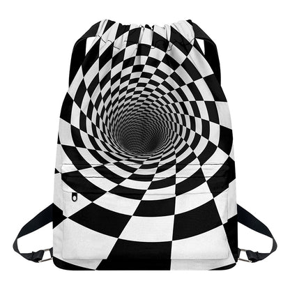Black And White Hypnotic Illusion Print Drawstring Backpack