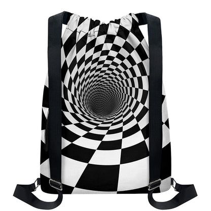 Black And White Hypnotic Illusion Print Drawstring Backpack