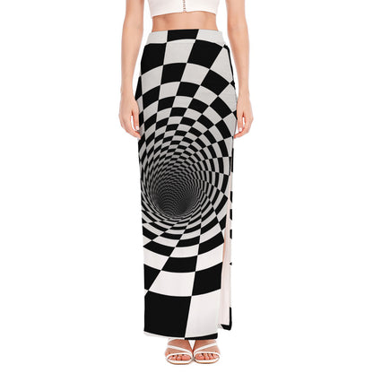 Black And White Hypnotic Illusion Print High Slit Maxi Skirt
