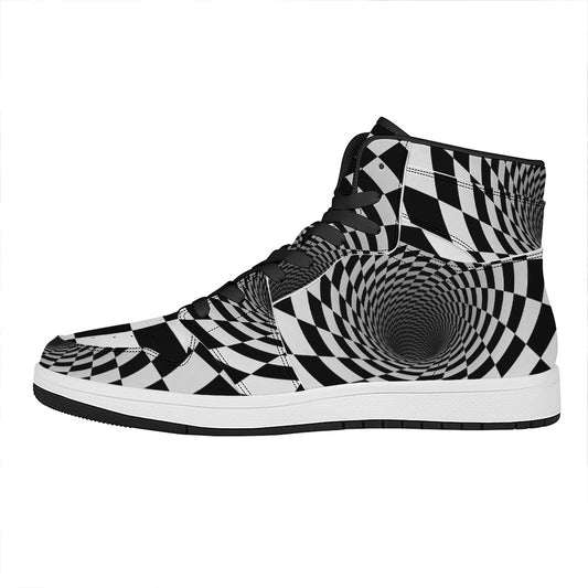 Black And White Hypnotic Illusion Print High Top Leather Sneakers