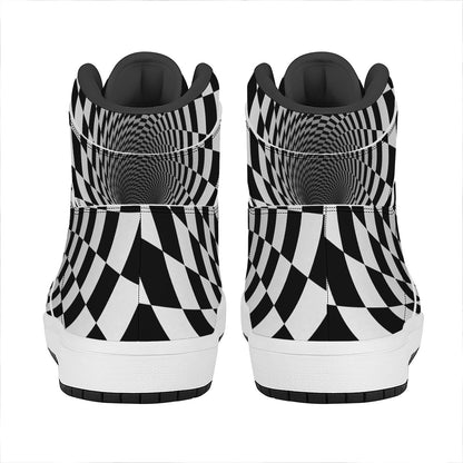 Black And White Hypnotic Illusion Print High Top Leather Sneakers