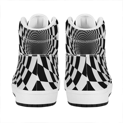 Black And White Hypnotic Illusion Print High Top Leather Sneakers