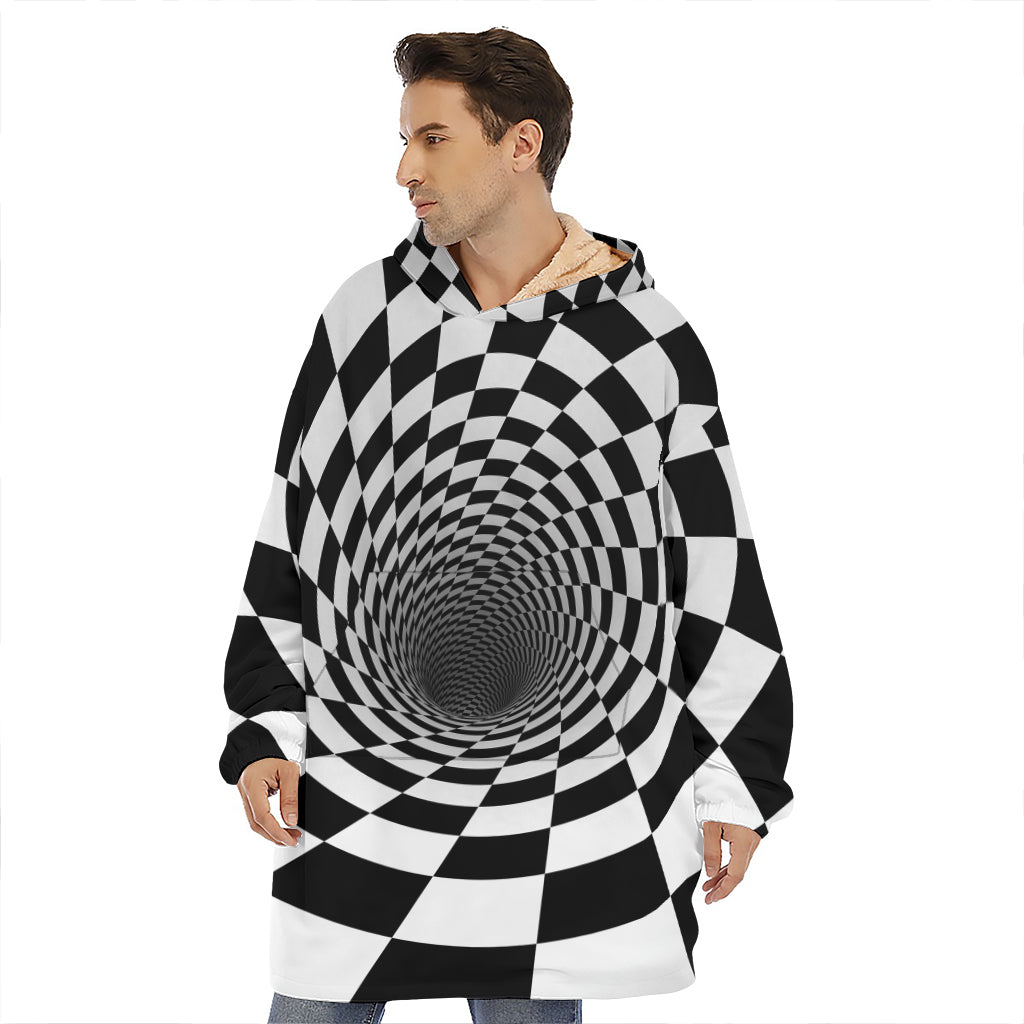 Black And White Hypnotic Illusion Print Hoodie Blanket