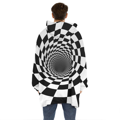 Black And White Hypnotic Illusion Print Hoodie Blanket