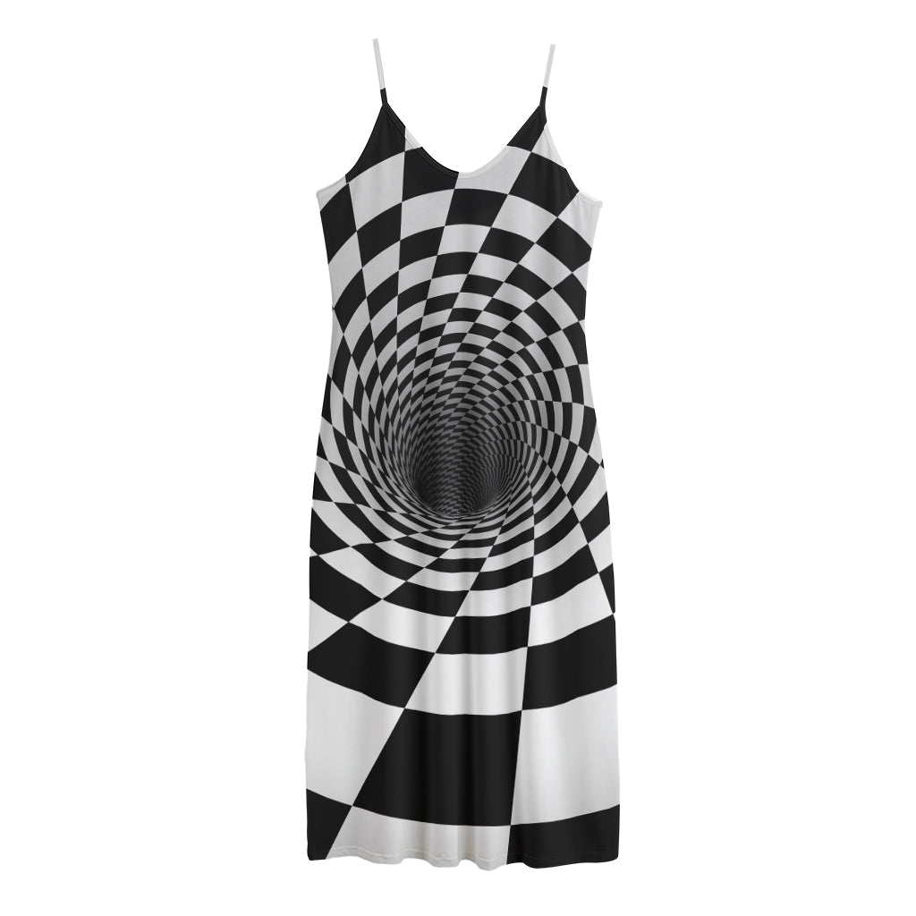 Black And White Hypnotic Illusion Print Jersey Midi Cami Dress
