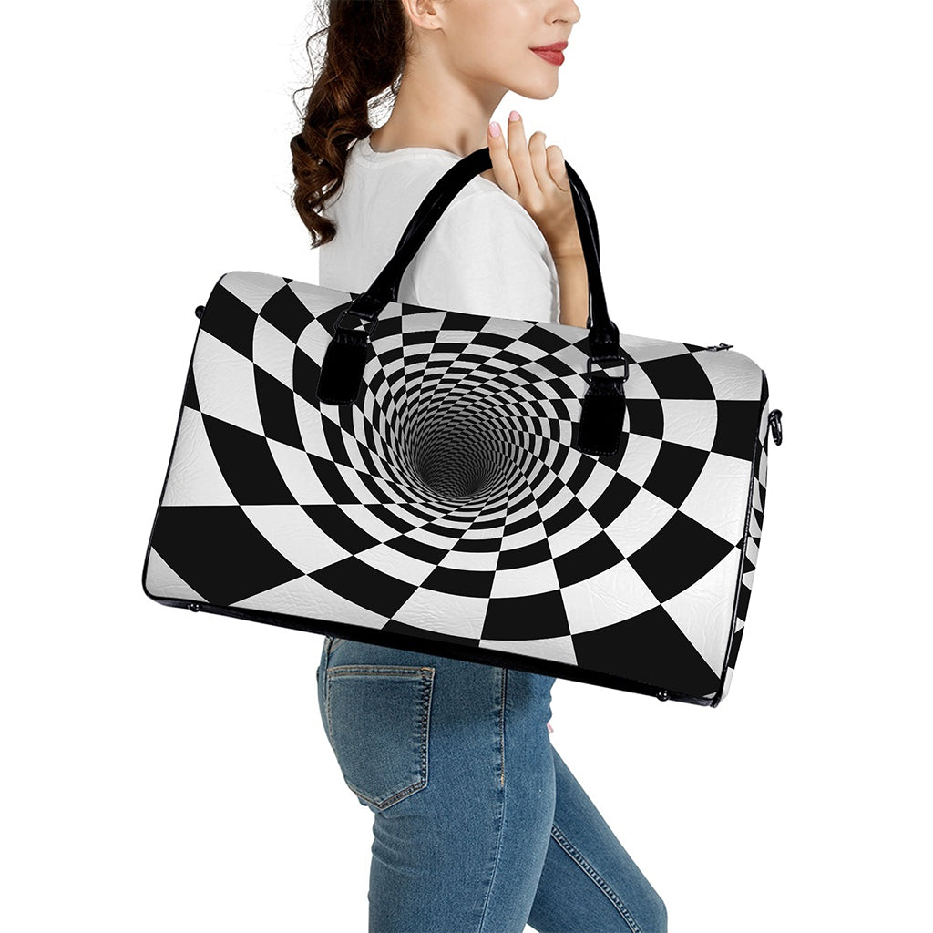 Black And White Hypnotic Illusion Print Leather Duffle Bag