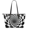 Black And White Hypnotic Illusion Print Leather Tote Bag With Zipper