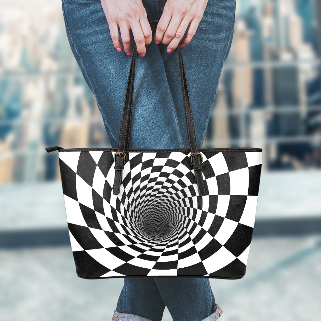 Black And White Hypnotic Illusion Print Leather Tote Bag