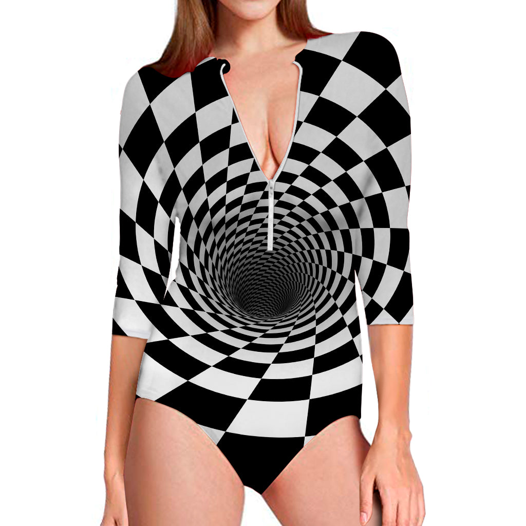 Black And White Hypnotic Illusion Print Long Sleeve Swimsuit