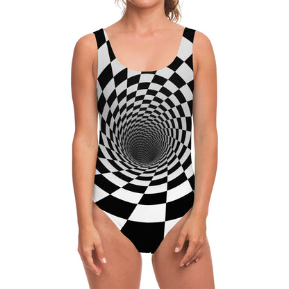 Black And White Hypnotic Illusion Print One Piece Swimsuit