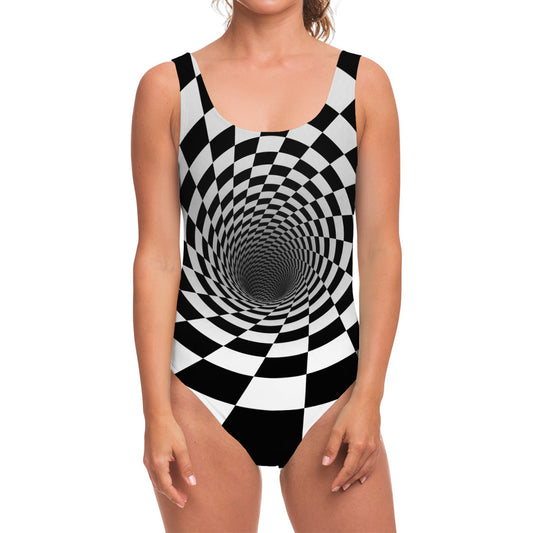 Black And White Hypnotic Illusion Print One Piece Swimsuit