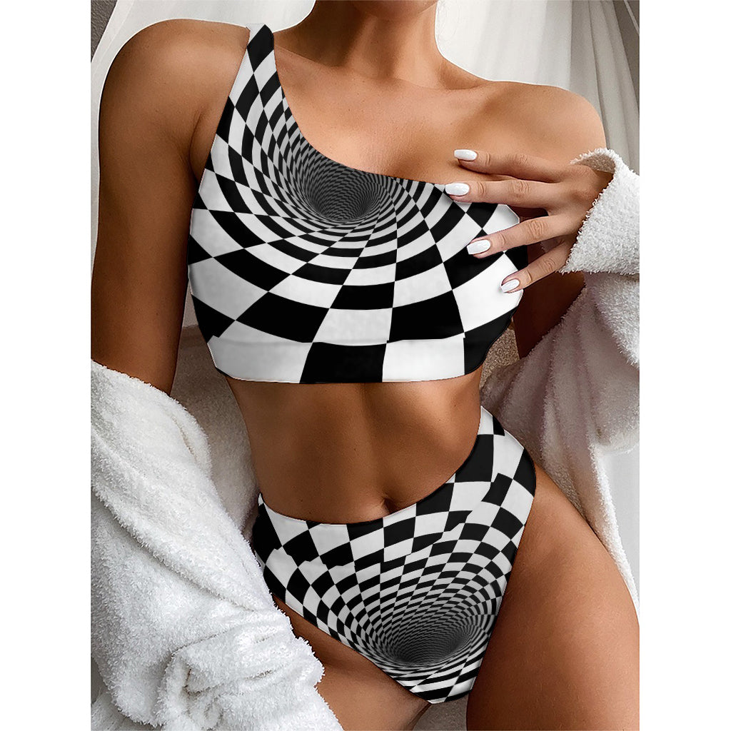 Black And White Hypnotic Illusion Print One Shoulder Bikini Top
