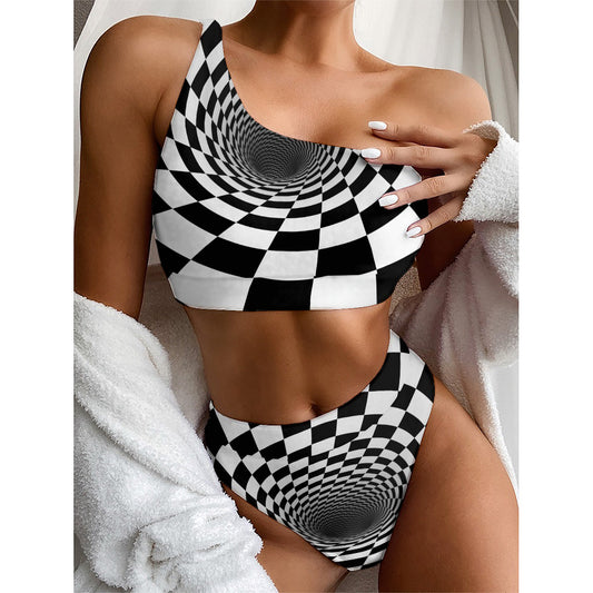 Black And White Hypnotic Illusion Print One Shoulder Bikini Top