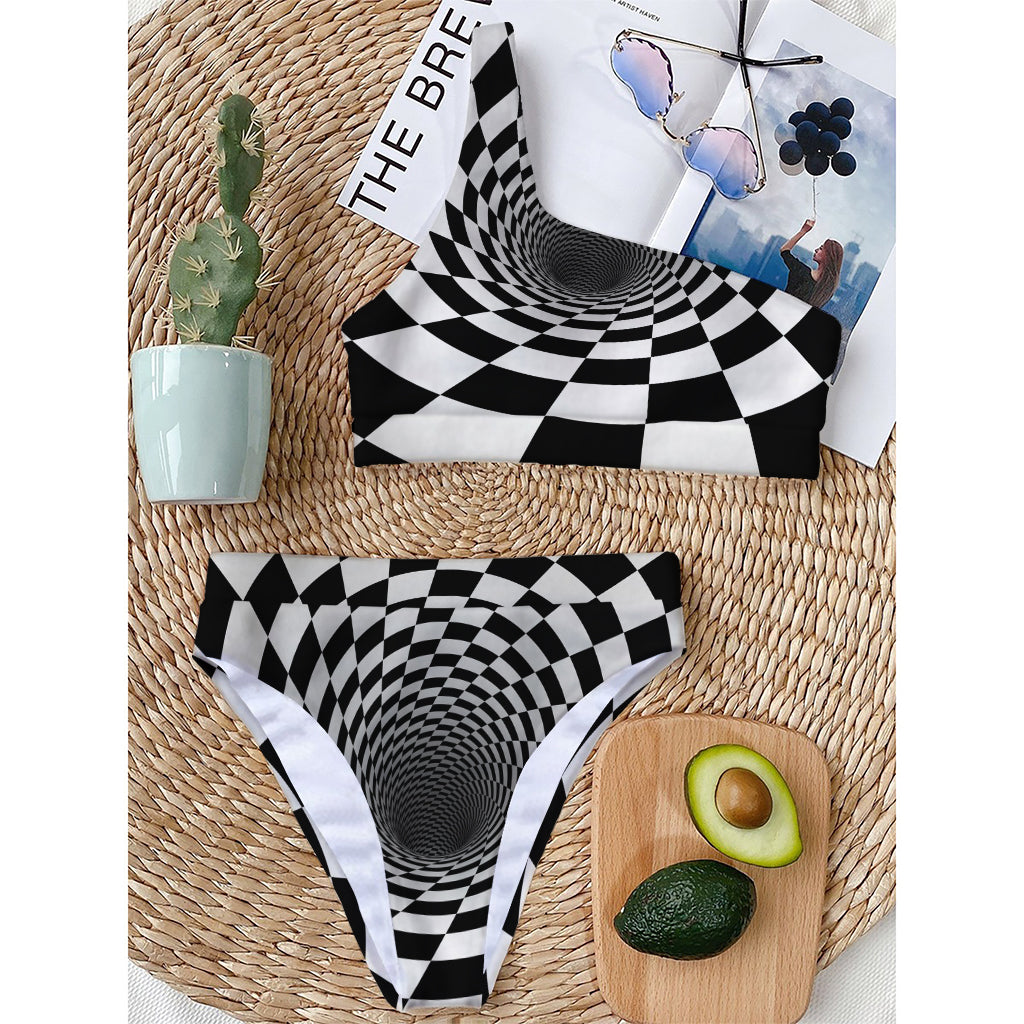 Black And White Hypnotic Illusion Print One Shoulder Bikini Top