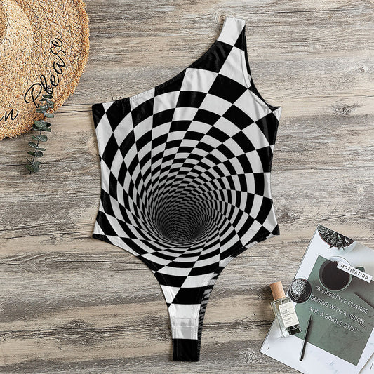 Black And White Hypnotic Illusion Print One Shoulder Bodysuit