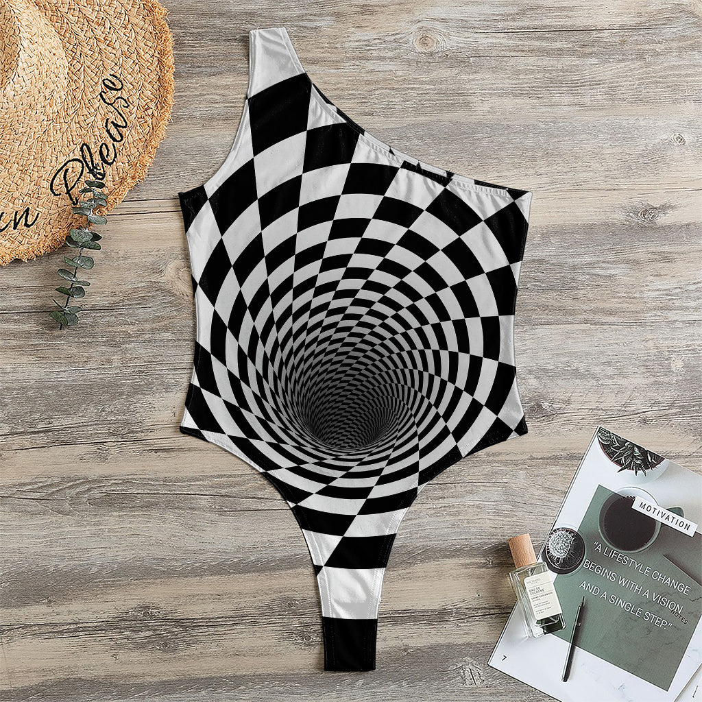 Black And White Hypnotic Illusion Print One Shoulder Bodysuit