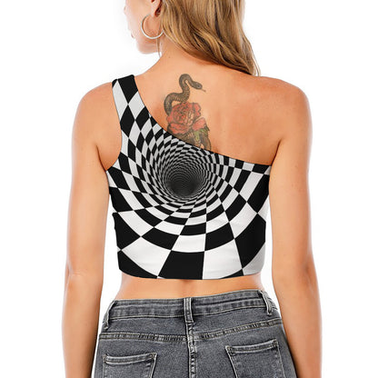 Black And White Hypnotic Illusion Print One Shoulder Crop Top