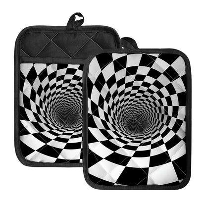 Black And White Hypnotic Illusion Print Pot Holders With Pocket