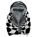Black And White Hypnotic Illusion Print Sherpa Lined Zip Up Hoodie