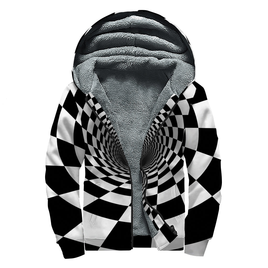 Black And White Hypnotic Illusion Print Sherpa Lined Zip Up Hoodie