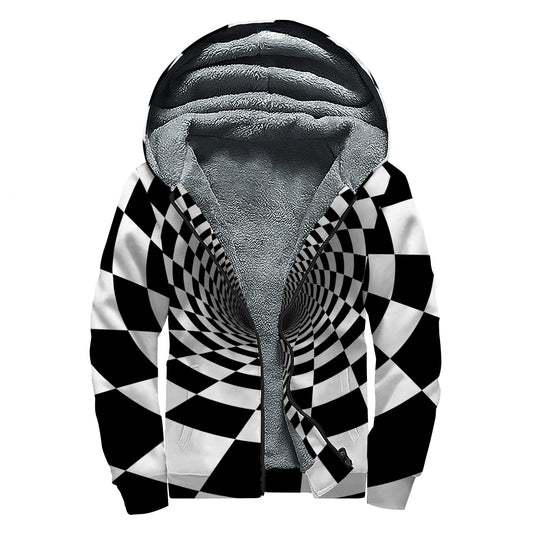Black And White Hypnotic Illusion Print Sherpa Lined Zip Up Hoodie