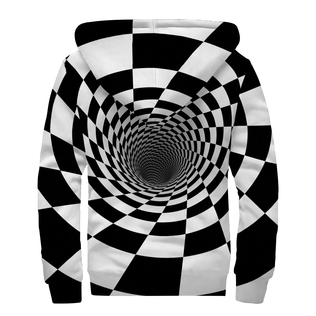 Black And White Hypnotic Illusion Print Sherpa Lined Zip Up Hoodie