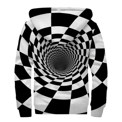 Black And White Hypnotic Illusion Print Sherpa Lined Zip Up Hoodie