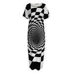 Black And White Hypnotic Illusion Print Short Sleeve Long Nightdress
