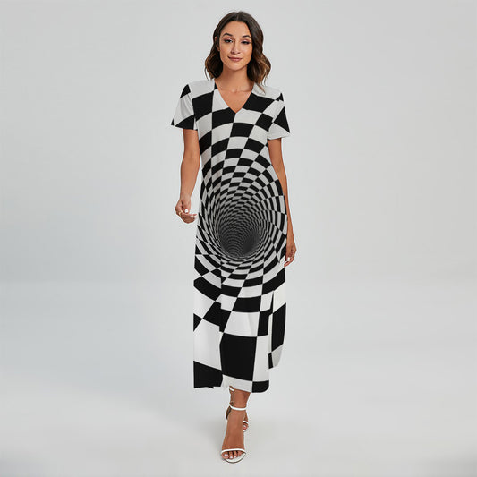 Black And White Hypnotic Illusion Print Short Sleeve Maxi Dress