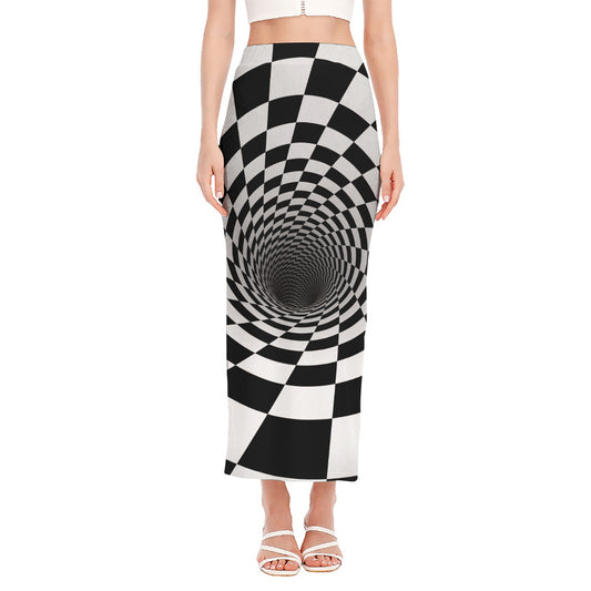 Black And White Hypnotic Illusion Print Side Slit Maxi Skirt