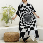 Black And White Hypnotic Illusion Print Silk V-Neck Kaftan Dress