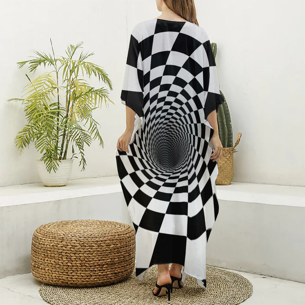 Black And White Hypnotic Illusion Print Silk V-Neck Kaftan Dress