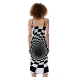 Black And White Hypnotic Illusion Print Slim Fit Midi Cami Dress