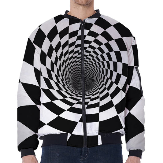 Black And White Hypnotic Illusion Print Zip Sleeve Bomber Jacket