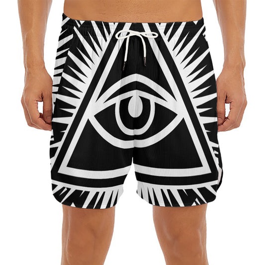 Black And White Illuminati Print Men's Split Running Shorts