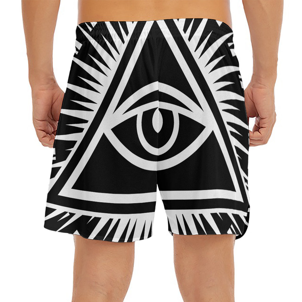 Black And White Illuminati Print Men's Split Running Shorts