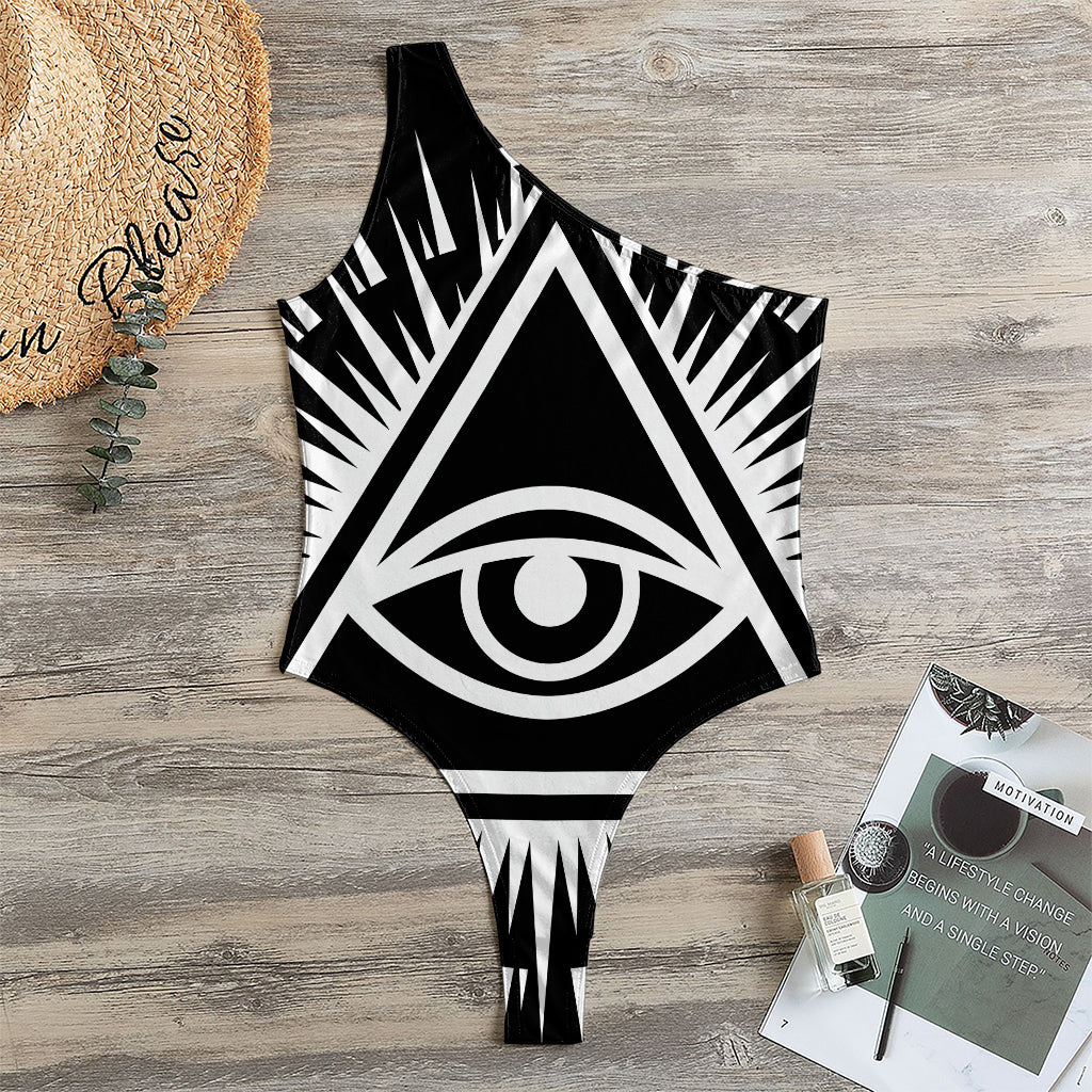 Black And White Illuminati Print One Shoulder Bodysuit